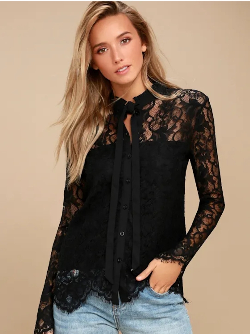 Lulu's Black Lace Tie-Neck Button Down Shirt
